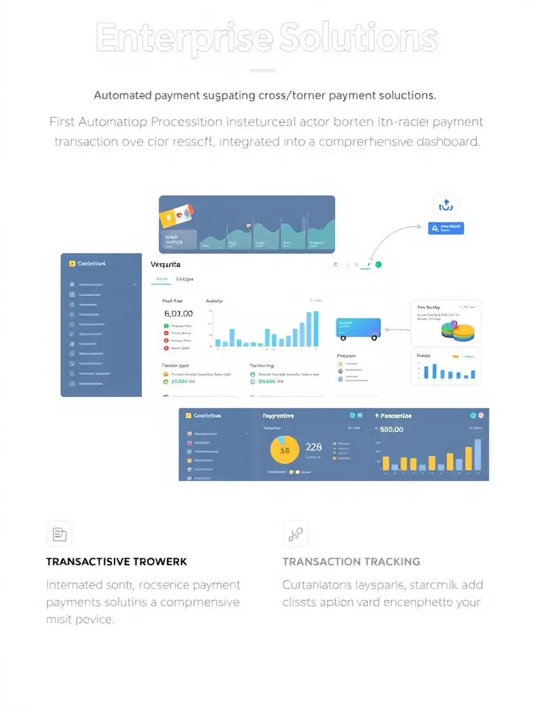 A digital illustration of the 'Enterprise Solutions' package, showcasing automated payment processing, cross-border payment solutions, and transaction tracking, all integrated into a comprehensive dashboard.