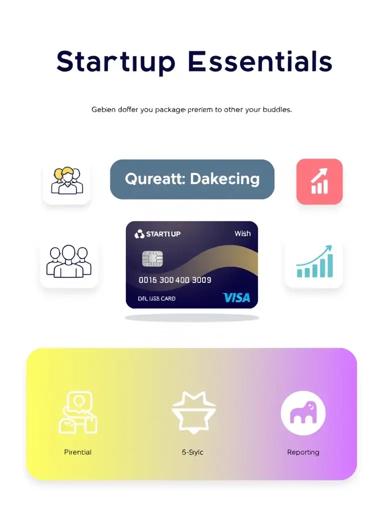 A digital illustration of the 'Startup Essentials' package, featuring a virtual card, team collaboration software, and basic financial reporting tools, all presented in a clean and modern interface.