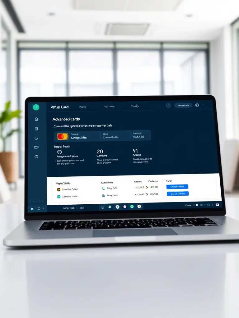 A professional image of a virtual card interface designed for enterprise-level businesses, showcasing advanced features like customizable spending limits and detailed reporting tools.