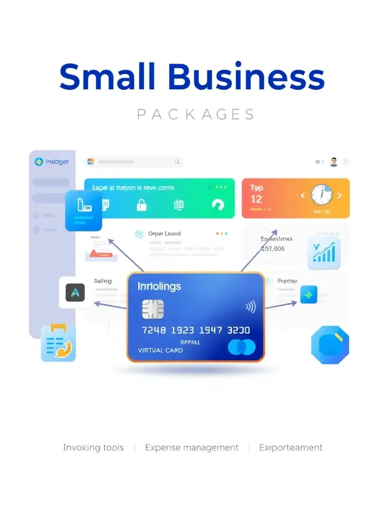 A digital illustration of the 'Small Business' package, showcasing a virtual card, invoicing tools, and expense management features, all integrated into a user-friendly dashboard.
