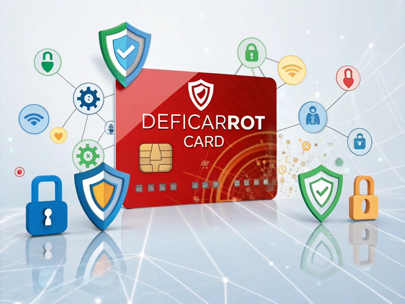 A digital representation of a virtual card with multiple security layers, including encryption and fraud detection icons, displayed on a secure interface.