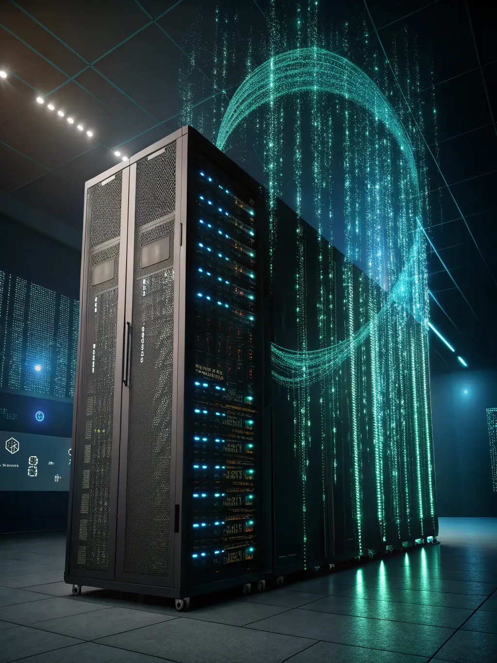 A digital illustration of a secure data server with multiple layers of protection, representing the robust infrastructure and data security measures of Payhawk Platform, set against a dark background.