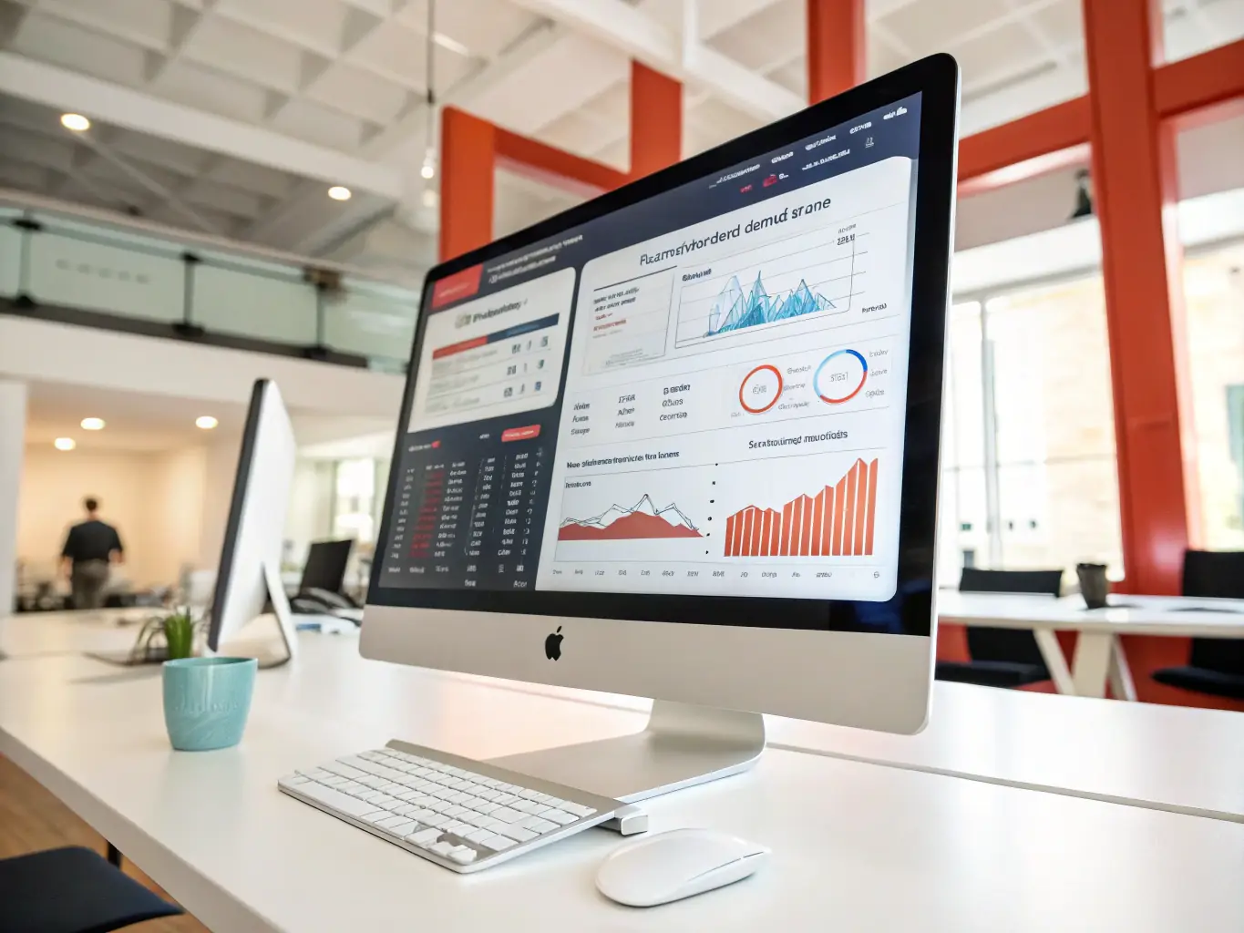 A professional workspace environment showcasing a user interacting with Payhawk's advanced analytics dashboard on a large monitor, surrounded by team members collaborating on financial strategies.