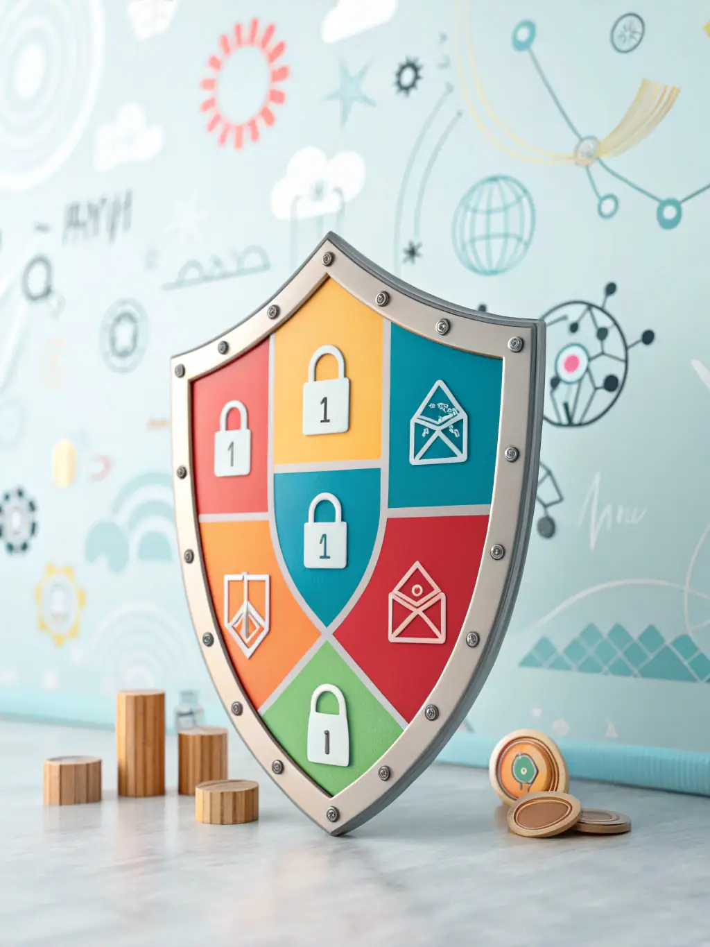 A digital illustration of a shield with a lock icon inside, representing enhanced security features for virtual card transactions on the Payhawk Platform.