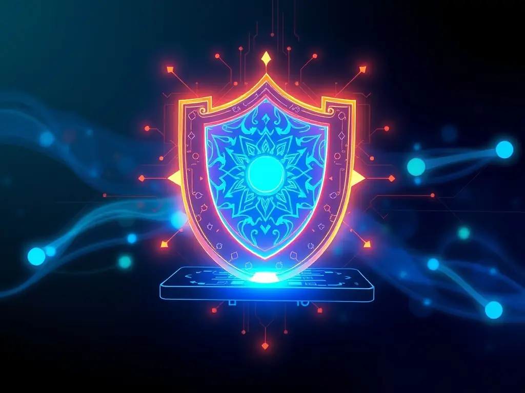 A digital rendering of a virtual card with multiple security layers, including encryption icons and biometric authentication symbols, emphasizing the security features of Payhawk's virtual cards.